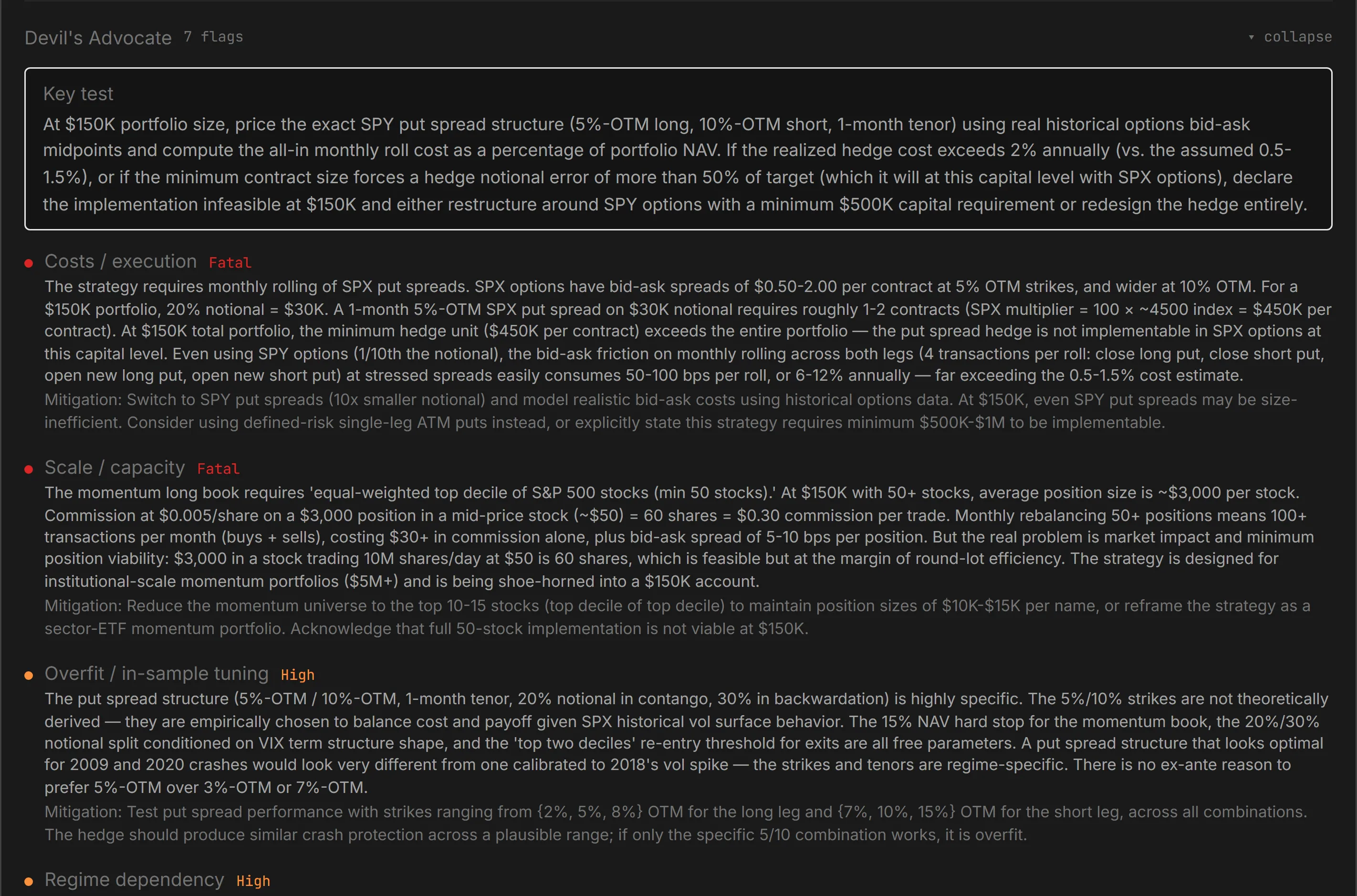 Outsample Devil’s Advocate: a generated strategy with its hostile review and findings.