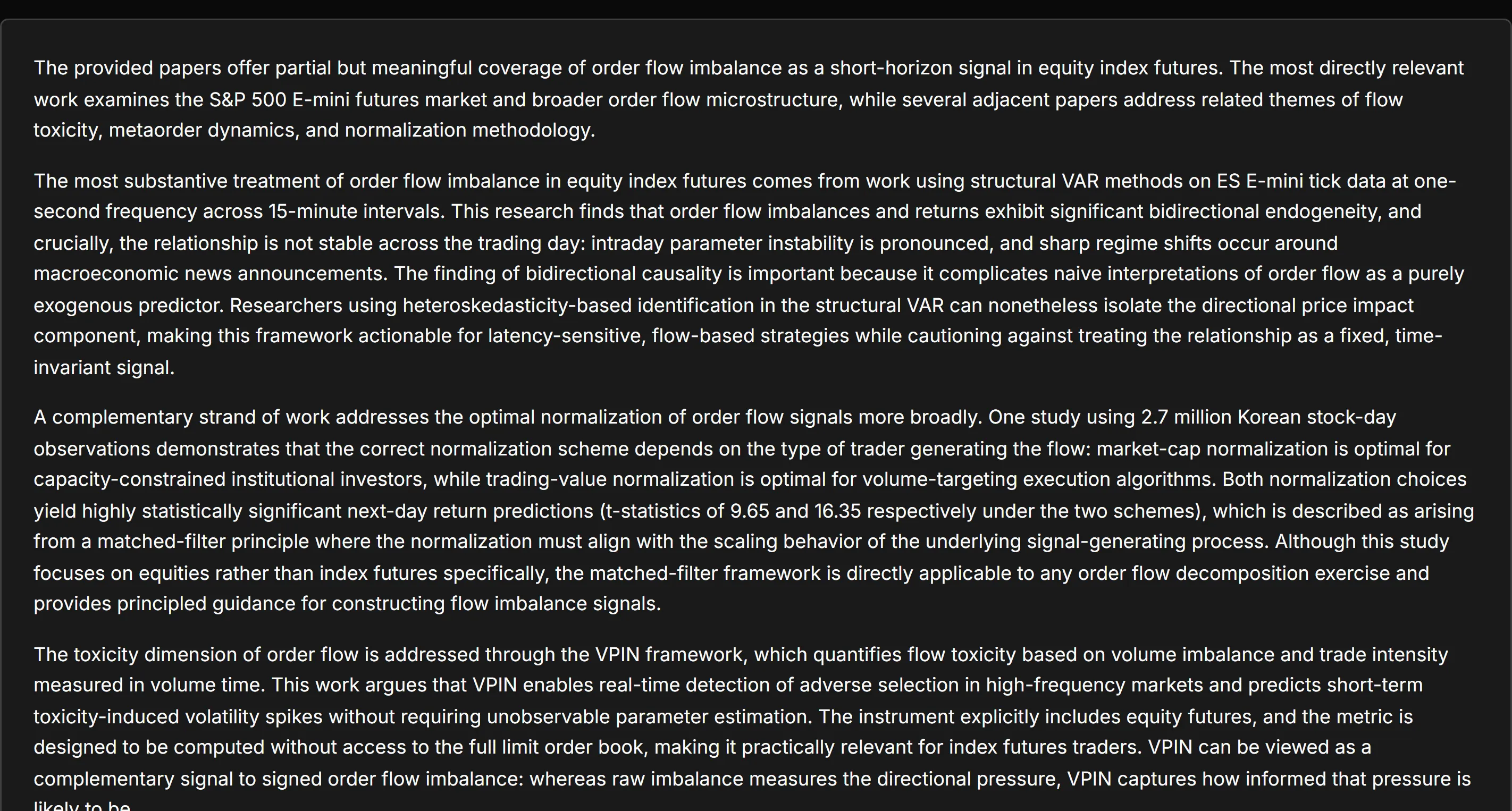 Outsample Ask-the-corpus run: the order-flow-imbalance question answered with cited papers.